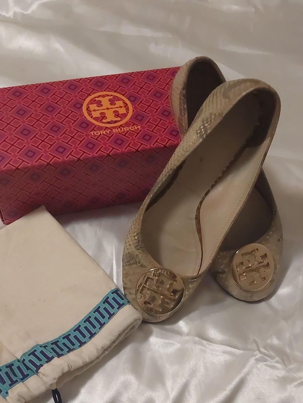Tory Burch Neutral Snake-Print Reva Flats with Gold Emblem